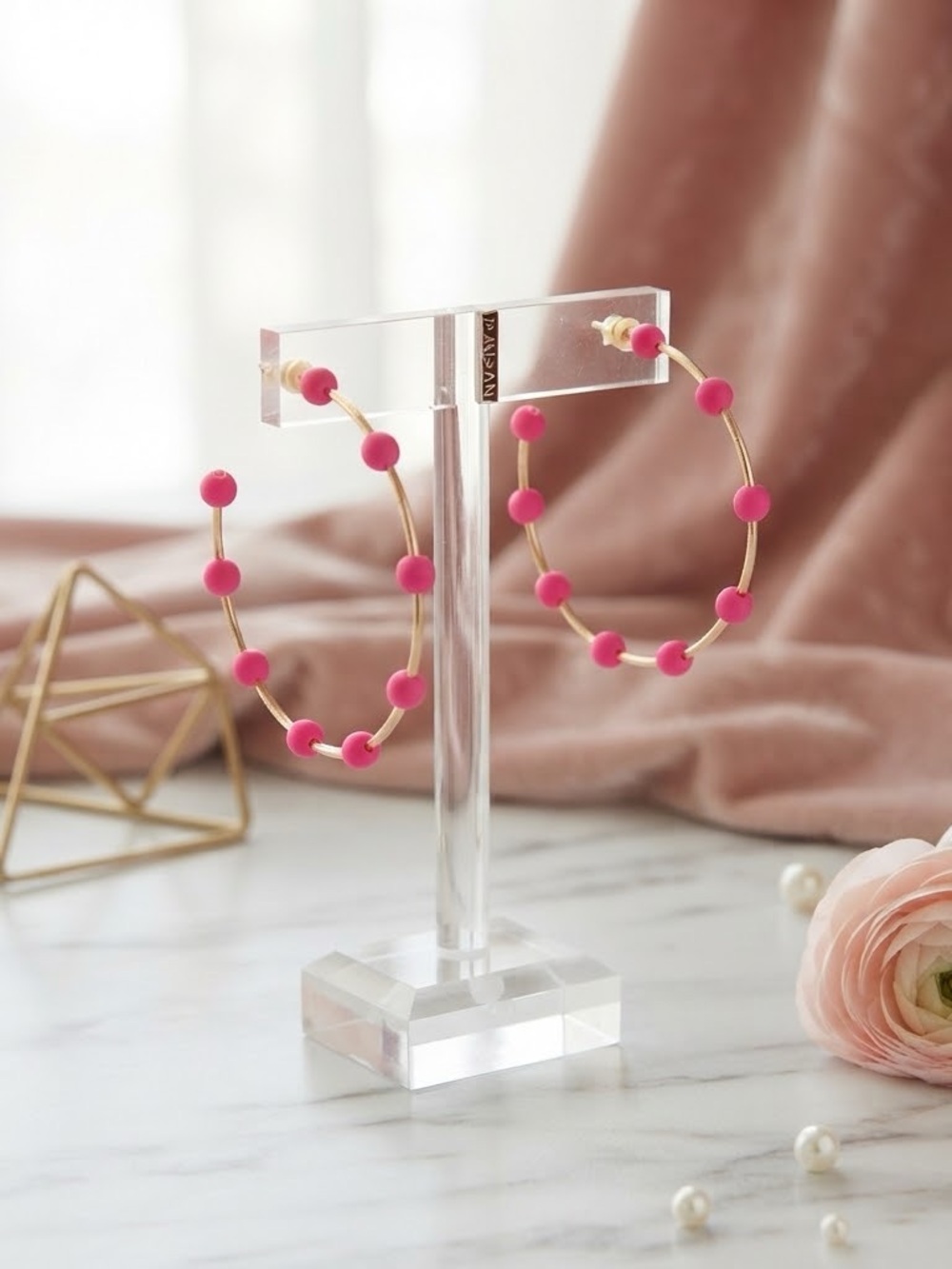 Plunder Gold Hoop Earrings with Bright Pink Beads
